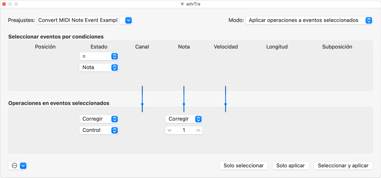 Ilustración. Ventana Transformación con ajustes para convertir eventos de nota MIDI en eventos de controlador 1 MIDI.