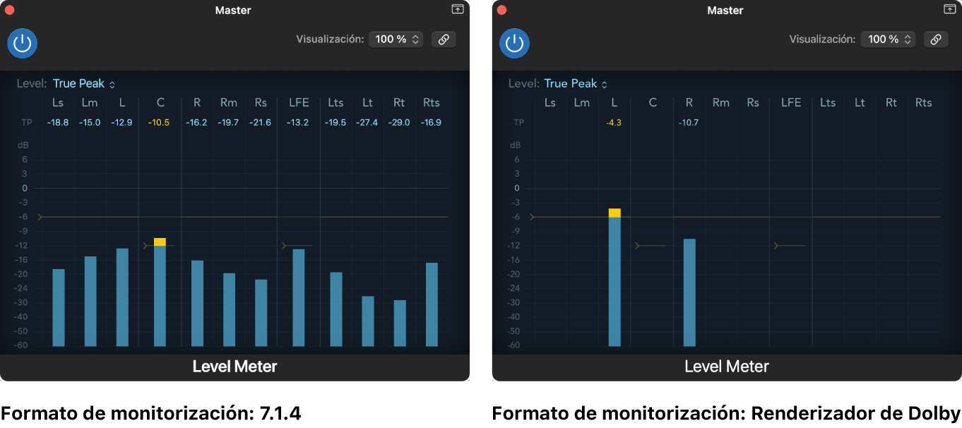 Ilustración. Visualización del medidor de nivel para diferentes formatos de monitorización.