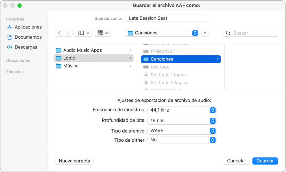 Cuadro de diálogo “Guardar el archivo AAF como”.