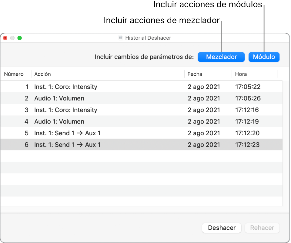 Ilustración. “Historial Deshacer” con los botones activados para incluir acciones del mezclador y de los módulos.