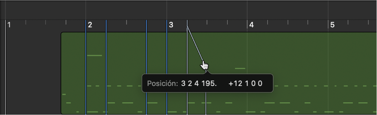 Ilustración. Pista de asociación de tiempos con una línea arrastrándose desde la regla hasta la nota seleccionada.