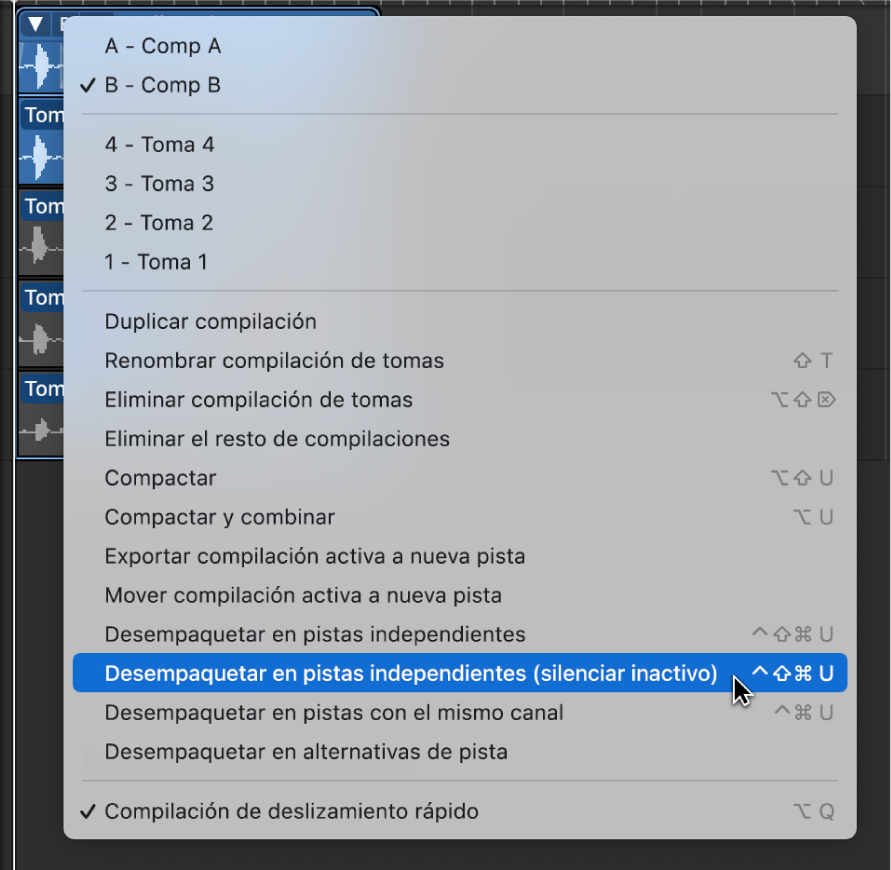 Ilustración. Se está seleccionando la opción “Desempaquetar en pistas independientes” (silenciar inactivas) en el menú desplegable.