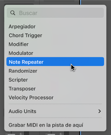 Ilustración. Se está seleccionando un efecto MIDI en el menú desplegable.