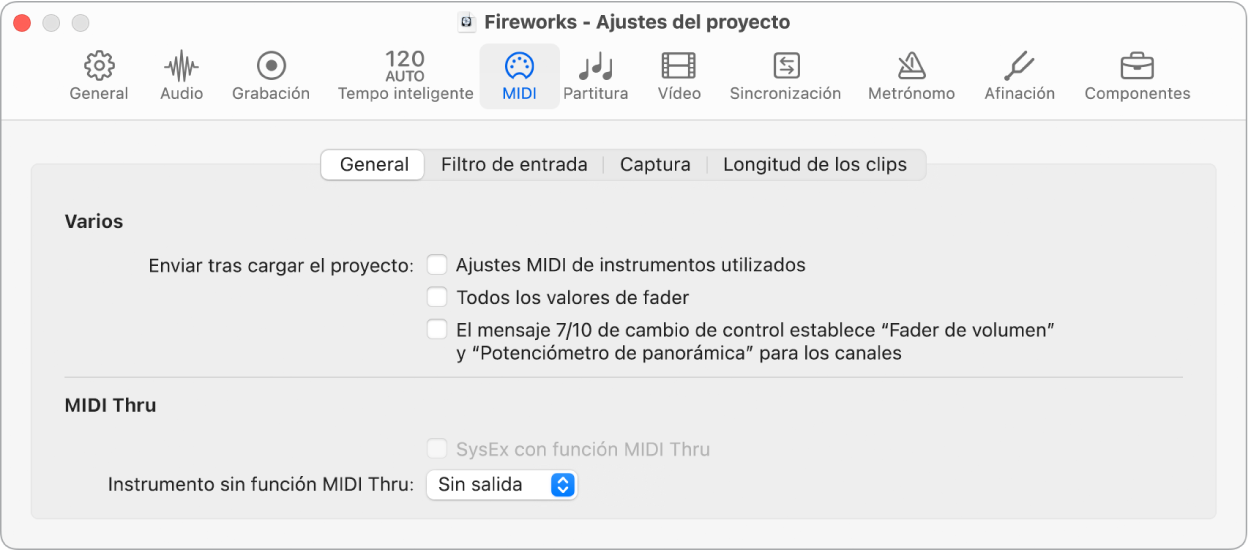 Ilustración. Pestaña General del panel MIDI de ajustes del proyecto.