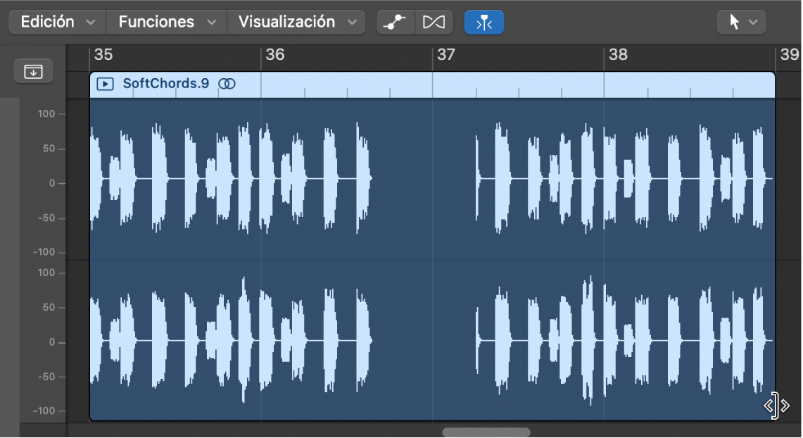 Ilustración. Puntero de acortamiento sobre el borde inferior derecho de un pasaje de audio en el editor de pistas de audio.