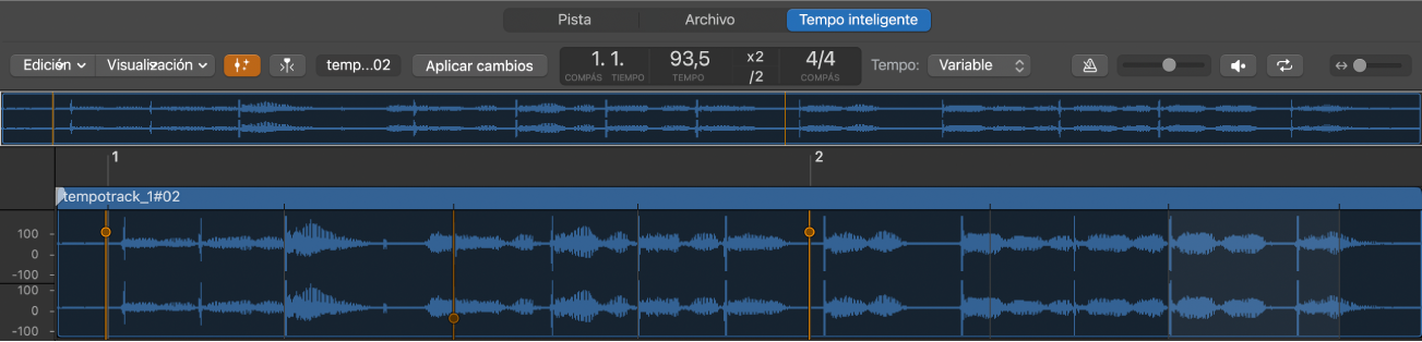 Ilustración. Editor de tempo inteligente con indicaciones de tiempo fuerte y archivo de audio.