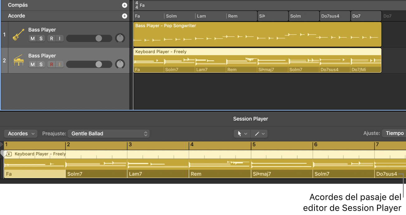 Ilustración. Proyecto con un pasaje de Session Player con acordes del pasaje en el editor de Session Player.