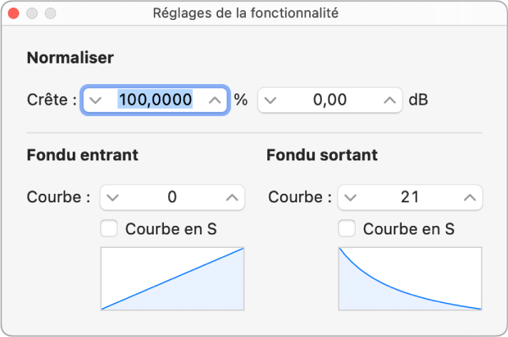 Figure. Fenêtre des réglages de fonction avec valeur de courbe modifiée sur le fondu sortant.