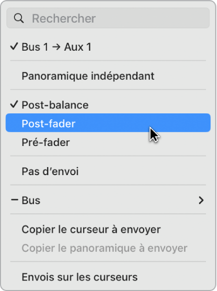 Figure. Choix d’une option de cheminement de signal pour le potentiomètre Envoyer.