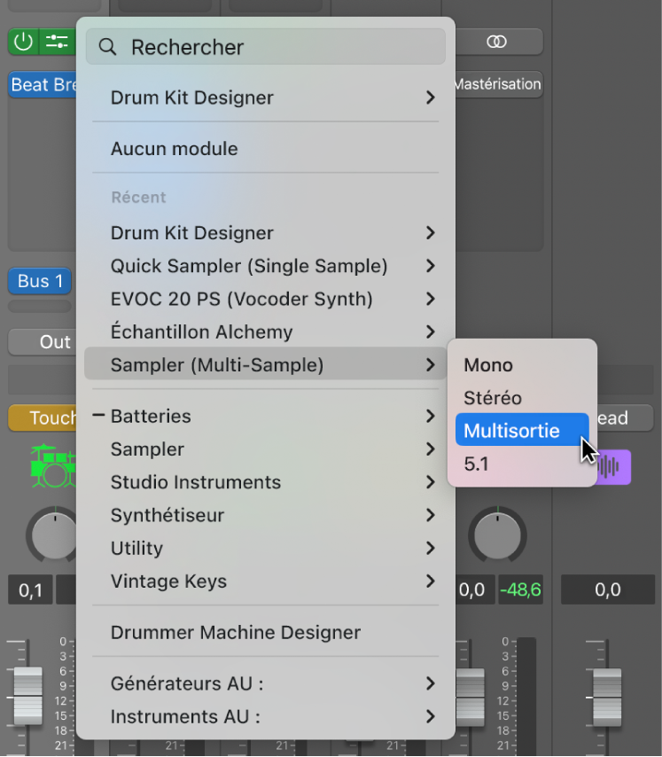 Figure. Menu local de slot d’instrument avec l’option Multisortie échantillonneur.