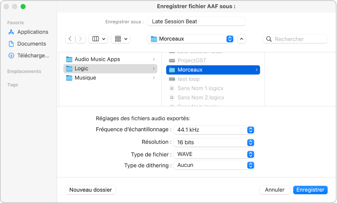 Zone de dialogue « Enregistrer fichier AAF sous ».