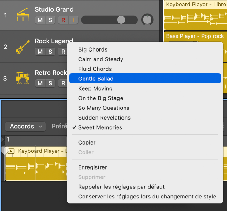 Figure. Menu local Préréglages dans l’éditeur de Session Player.