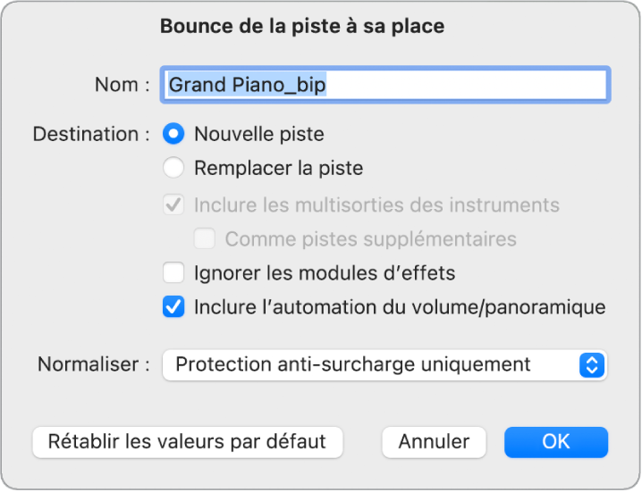 Figure. Zone de dialogue « Bounce de la piste à sa place ».