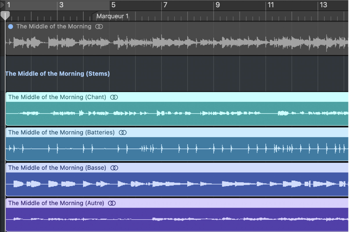 Figure. Zone Piste affichant une Track Stack avec des stems comme sous-pistes.