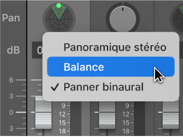 Menu contextuel d’un potentiomètre Pan affichant les options Panoramique stéréo, Balance et Binaural Panner.