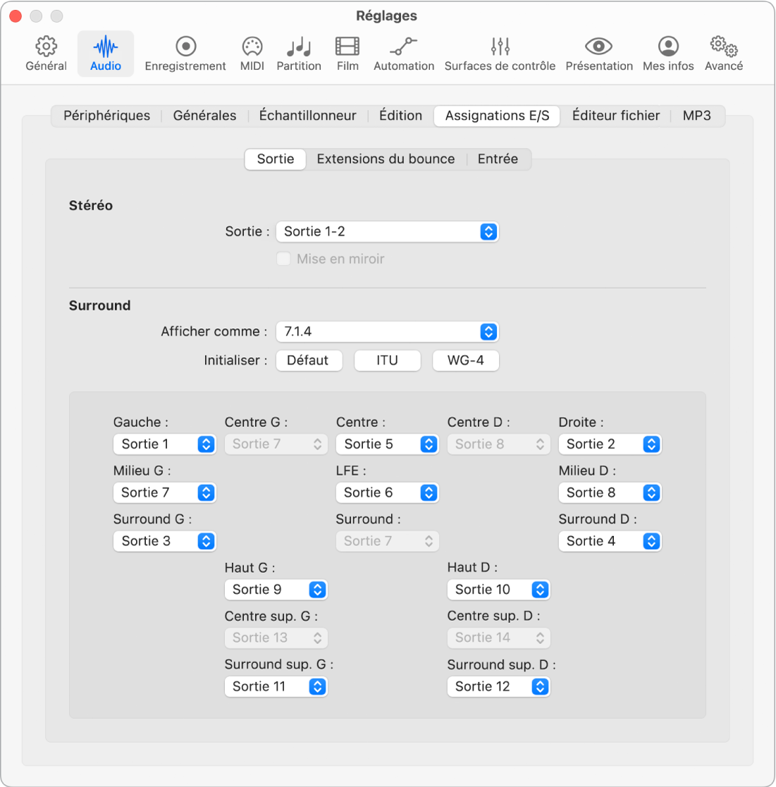 Figure. Sous-fenêtre Assignations E/S des réglages Audio.