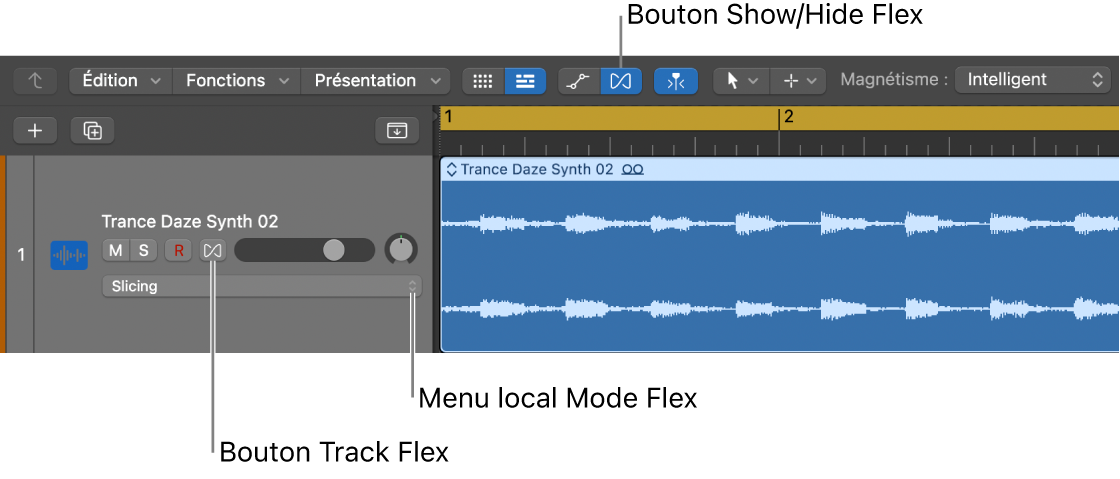 Figure. Bouton Flex et menu local Mode Flex dans l’en-tête d’une piste audio.