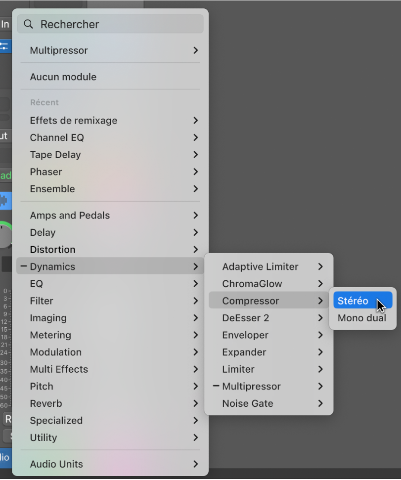 Figure. Choix d’un effet audio dans le menu local.