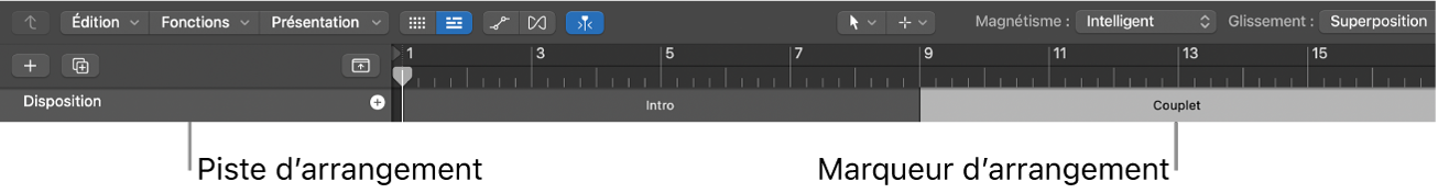 Figure. Pïste d’arrangement avec deux marqueurs d’arrangement ajoutés.