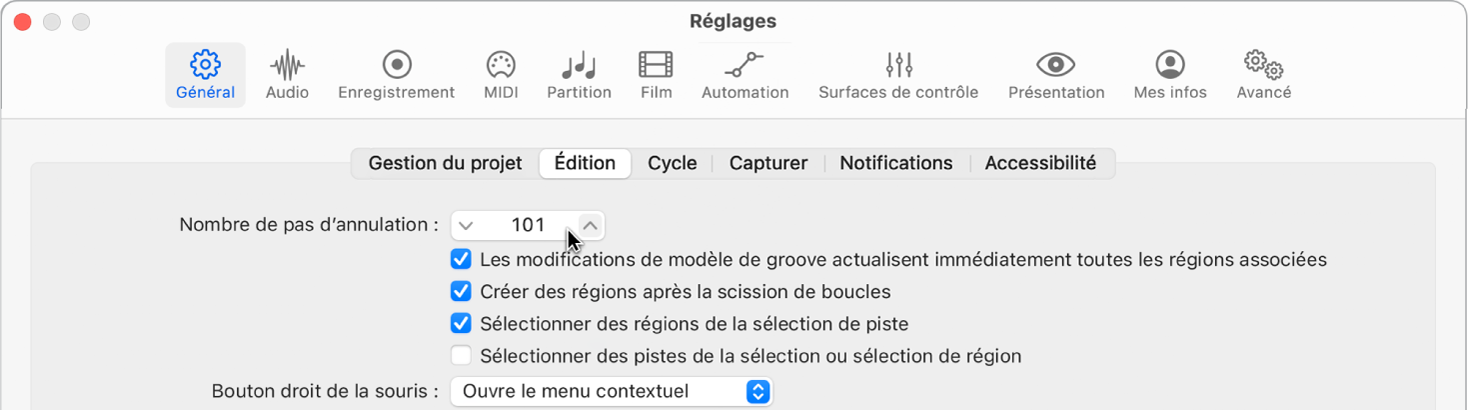 Figure. Champ « Nombre d’annulations possibles » dans la sous-fenêtre Édition des réglages généraux.