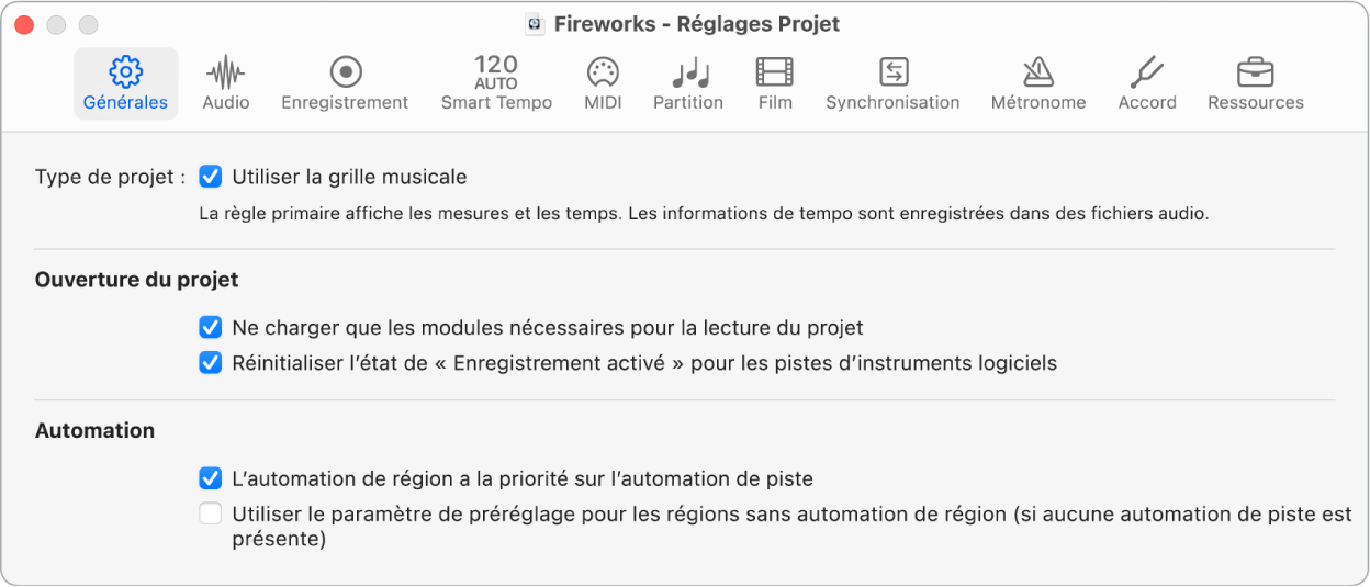 Figure. Réglages généraux du projet.