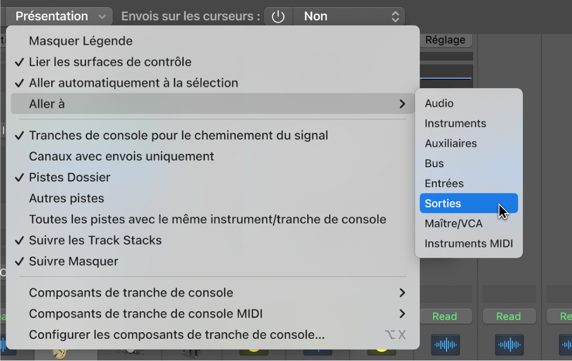 Figure. Sous-menu « Aller à » dans le menu Présentation de la table de mixage.