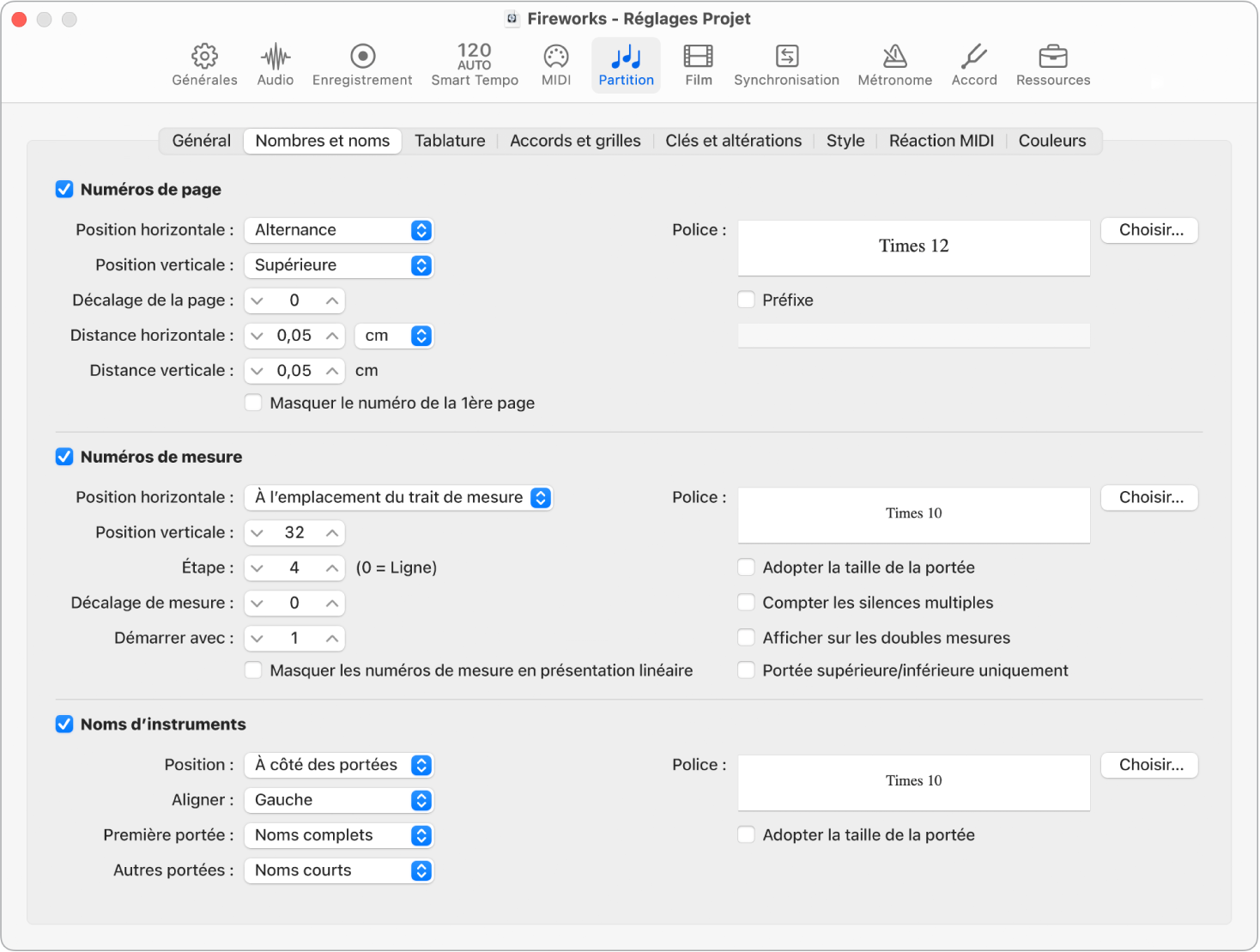 Figure. Réglages Numéros et noms de projet.