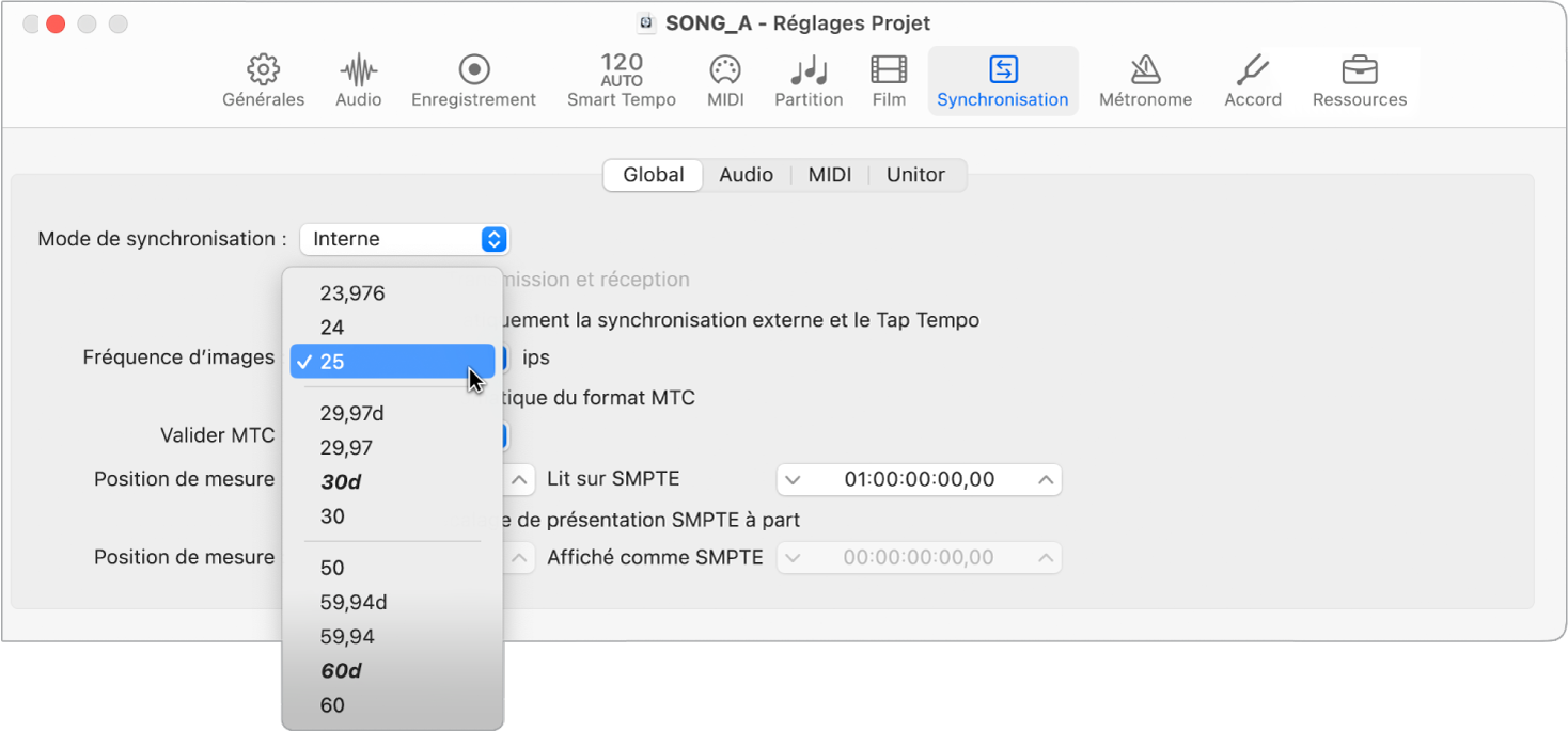 Figure. Menu local Fréquence d’images affiché dans les réglages de synchronisation du projet.