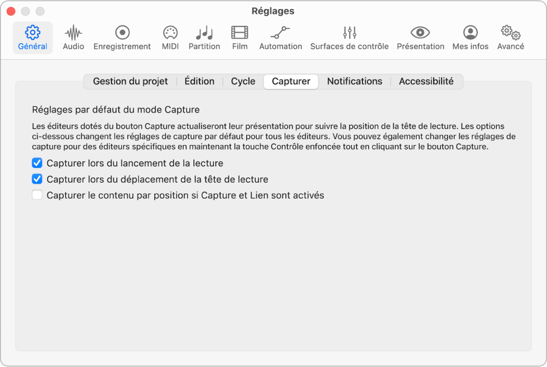 Figure. Réglages de capture.