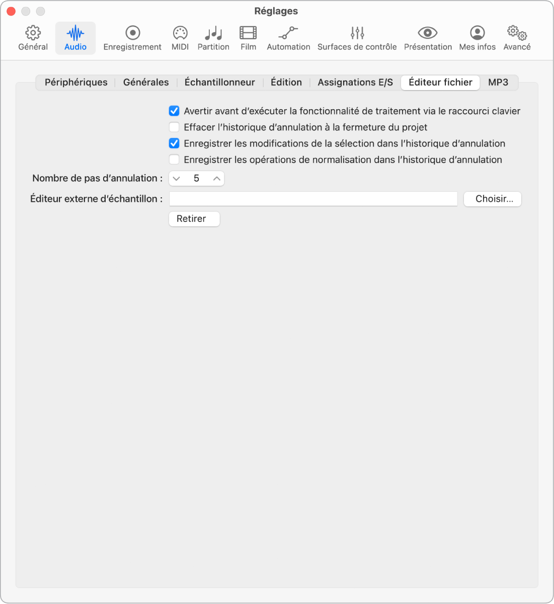 Figure. Réglages de l’éditeur de fichier audio.