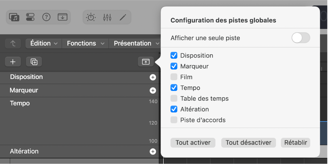 Figure. Zone de dialogue Configuration des pistes globales.