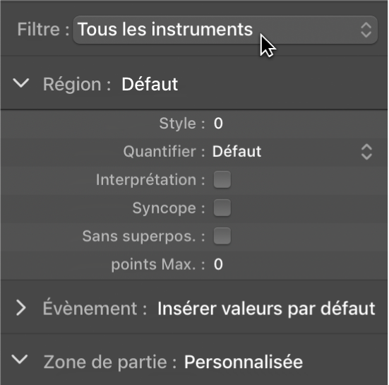 Figure. Menu Jeu de partitions dans l’inspecteur