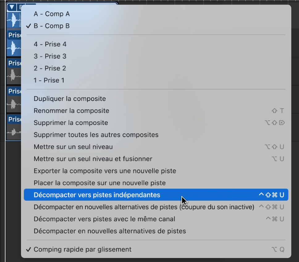 Figure. Sélection de « Décompacter vers pistes indépendantes » dans le menu local.