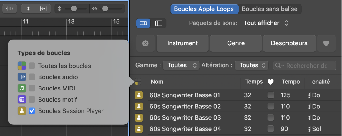 Figure. Navigateur de boucles avec des boucles Session Player sélectionnées.