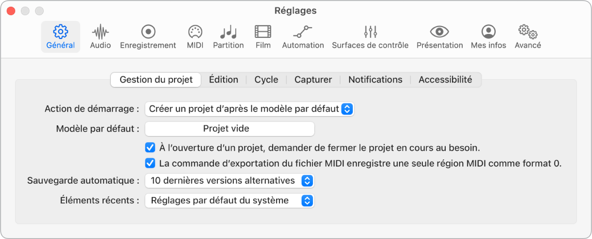 Figure. Réglages généraux de gestion de projet.