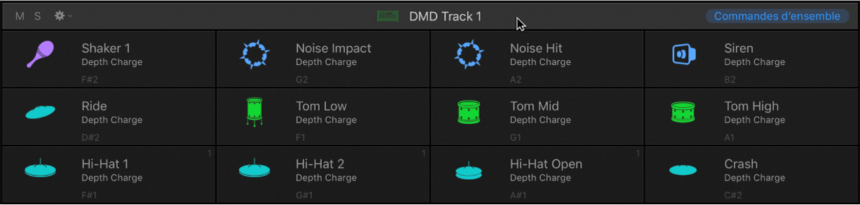 Figure. Grille et barre de commandes d’ensemble dans Drum Machine Designer.