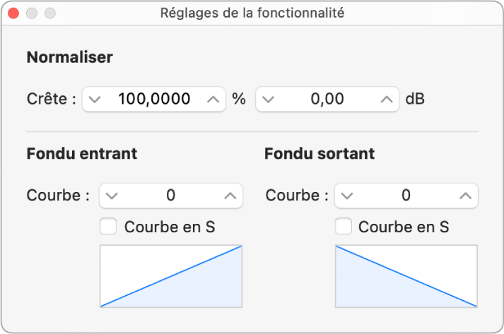 Figure. Fenêtre des réglages de fonction.