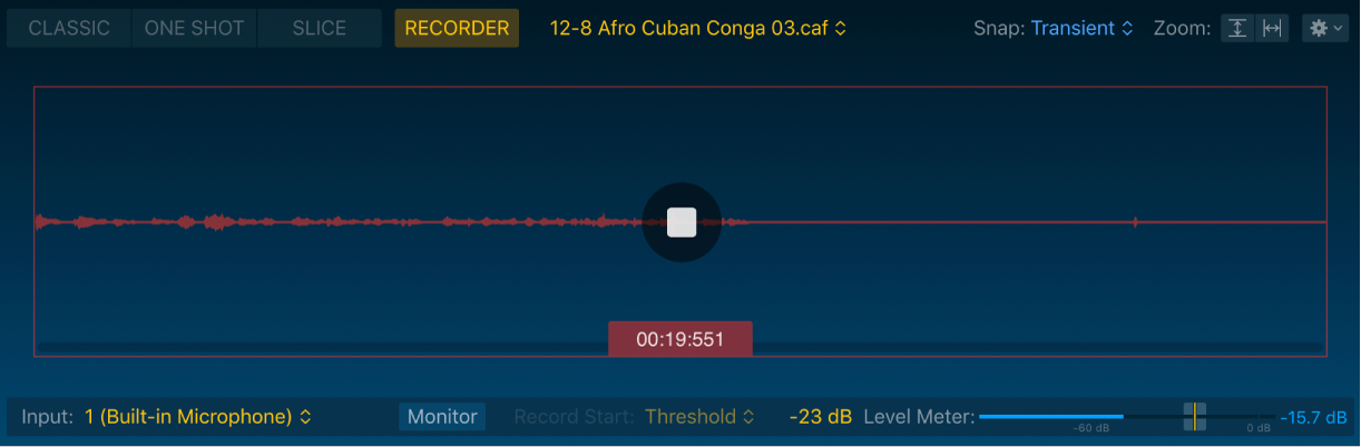 Figure. Forme d’onde du mode Recorder de Quick Sampler, avec tous les paramètres correspondants.