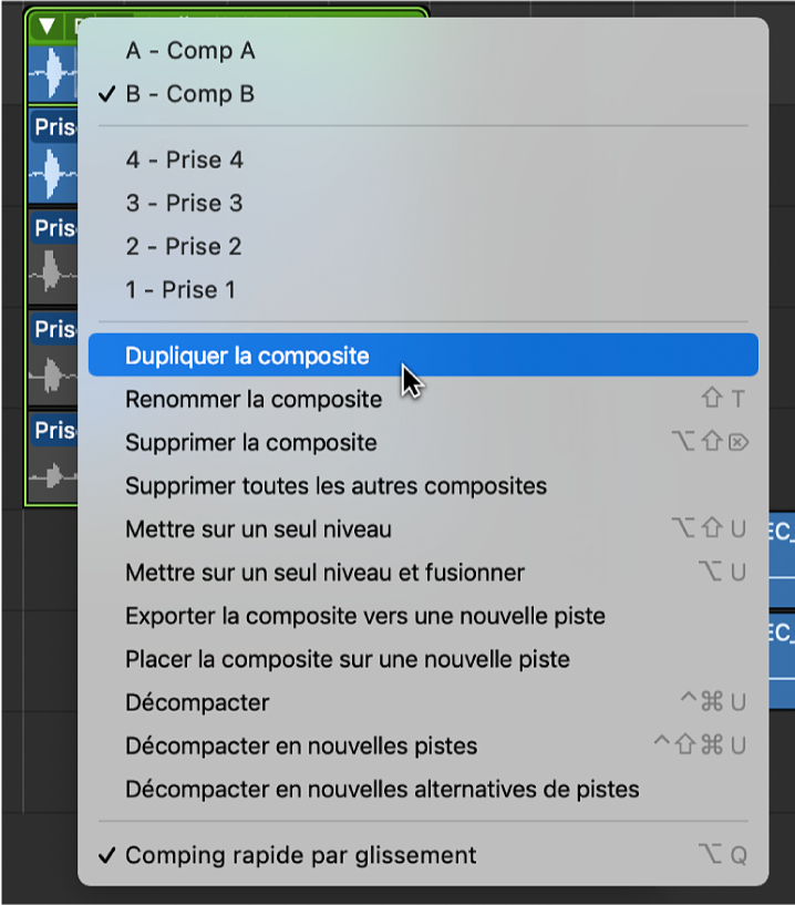 Figure. Sélection de Dupliquer la composite dans le menu local.