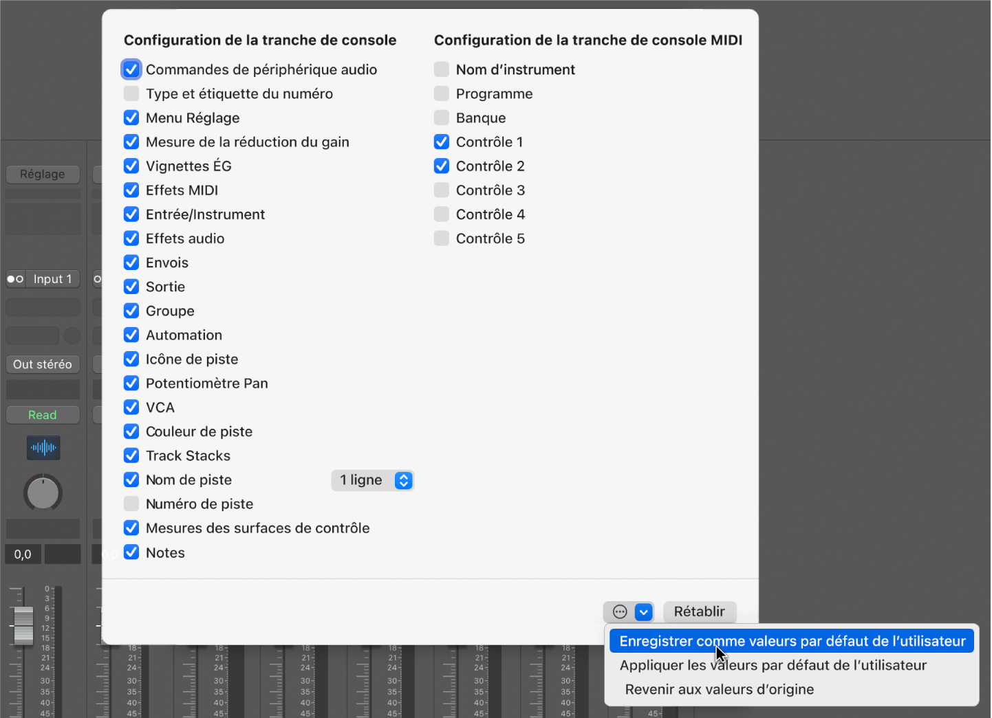 Figure. Enregistrement d’une configuration de tranche de console comme valeur personnalisée par défaut.