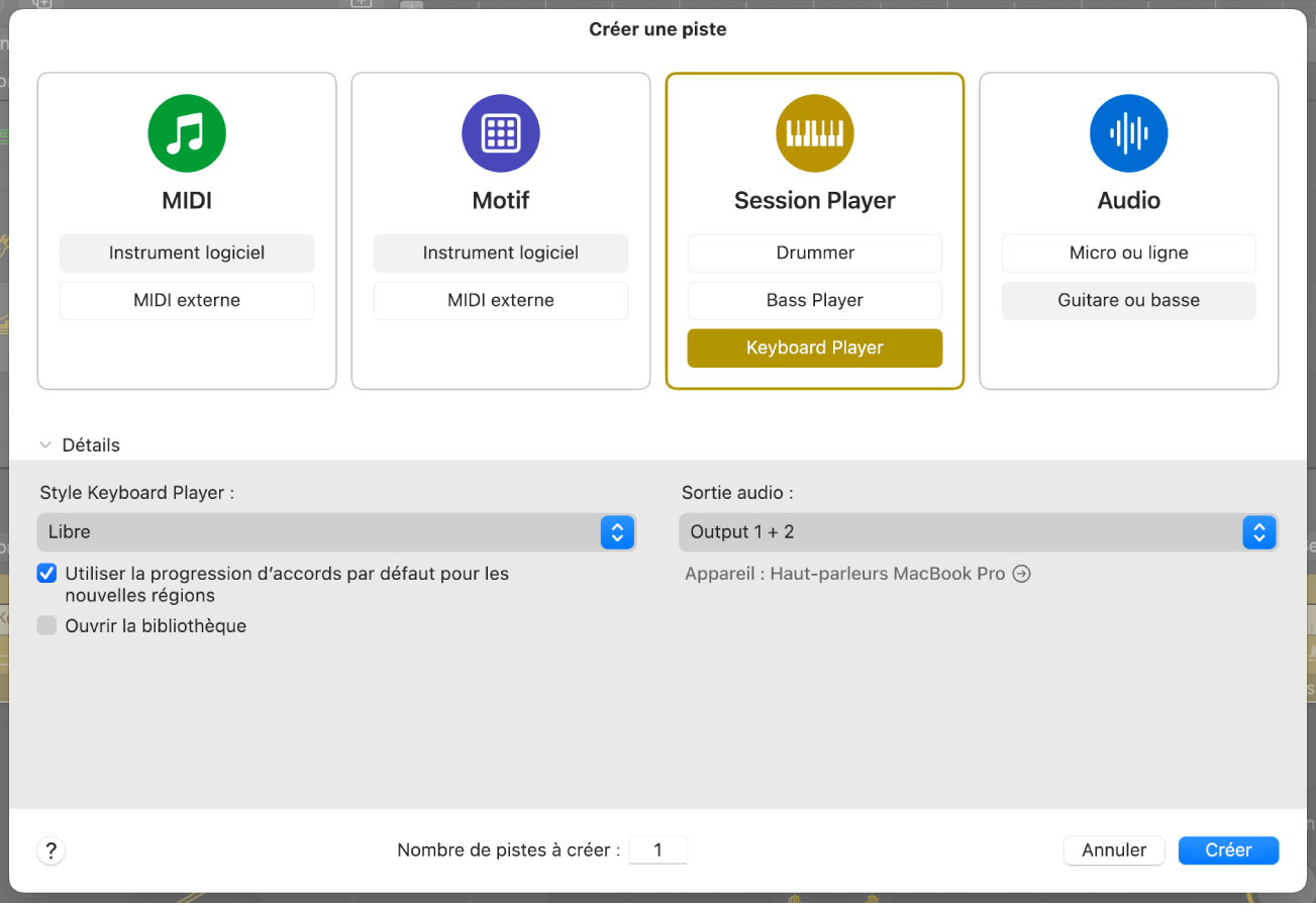 Figure. Zone de dialogue Nouvelles pistes avec boutons MIDI, Motif, Session Player et Audio.