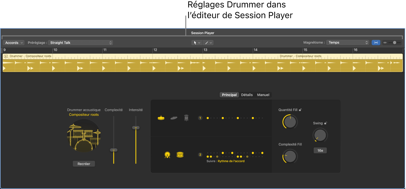 Figure. Éditeur de Session Player avec réglages Drummer.