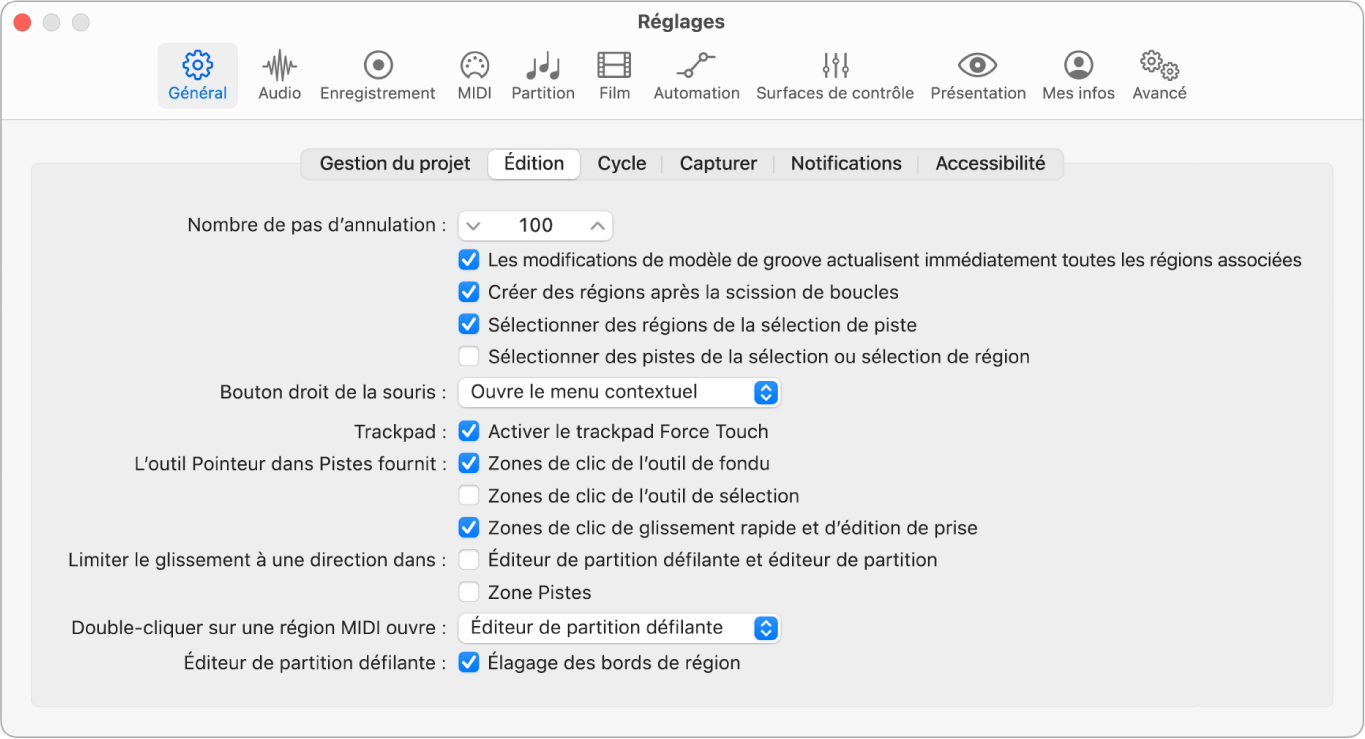 Figure. Réglages d’édition.