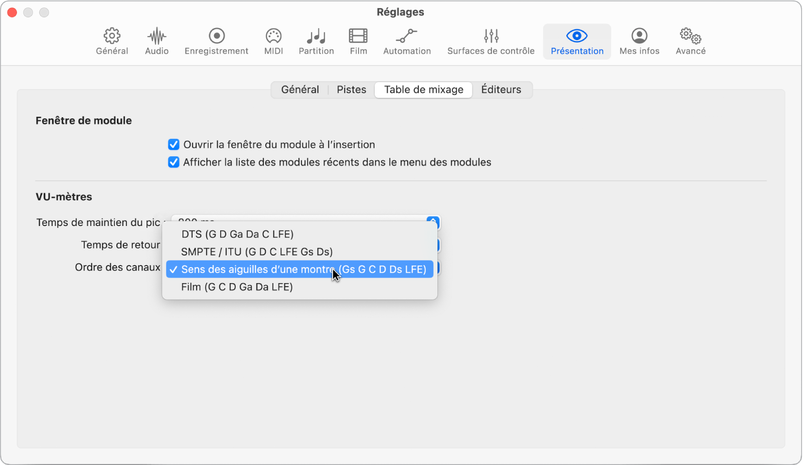 Figure. Sous-fenêtre des réglages de la présentation Table de mixage.