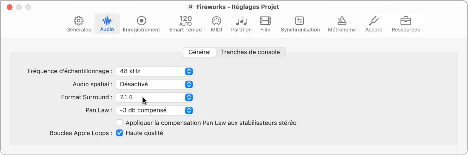 Figure. Sous-fenêtre de réglages Audio du projet.