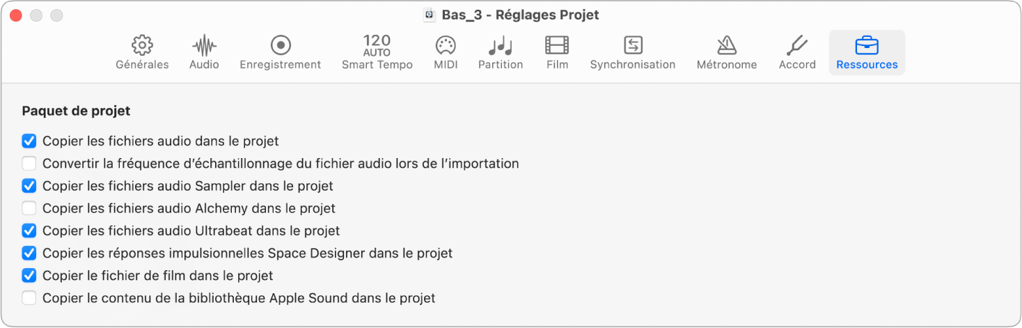 Figure. Sous-fenêtre Ressources dans les réglages du projet