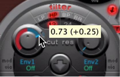 Figure. Potentiomètre Cutoff, avec réglage d’une valeur de paramètre dans le menu Mod.