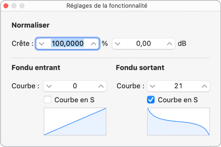 Figure. Fenêtre des réglages de fonction avec courbe en S sur le fondu sortant.