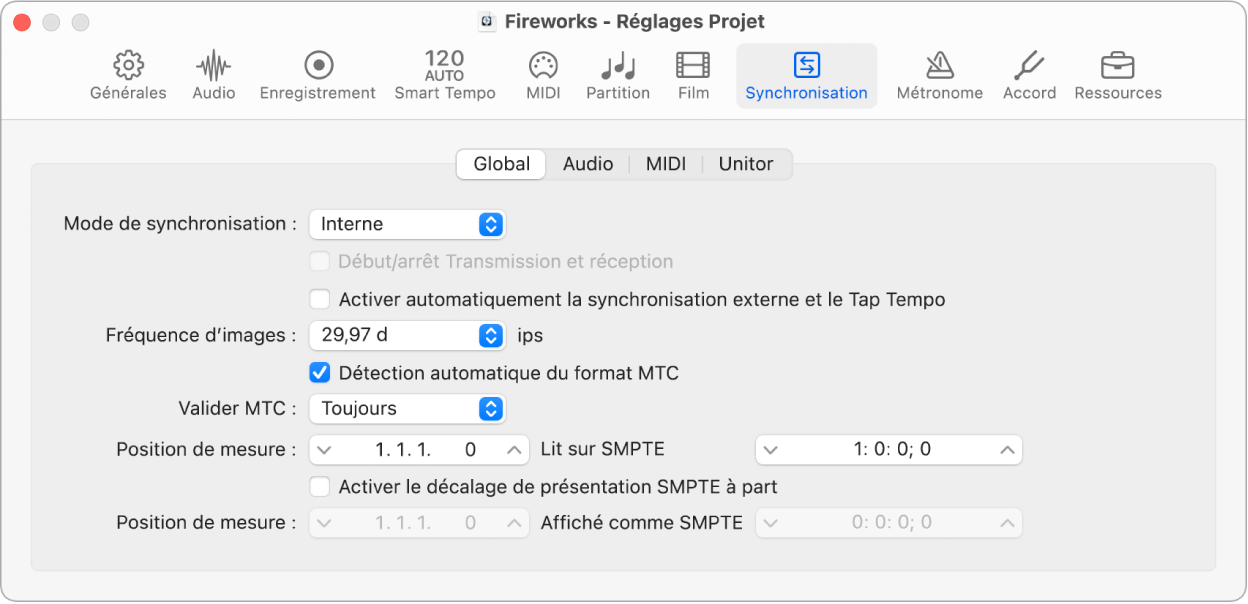 Figure. Réglages généraux de synchronisation du projet.