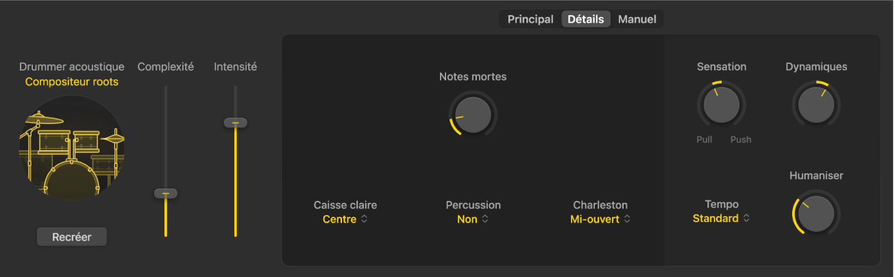 Figure. Éditeur de Session Player montrant la présentation Détails du Drummer acoustique.